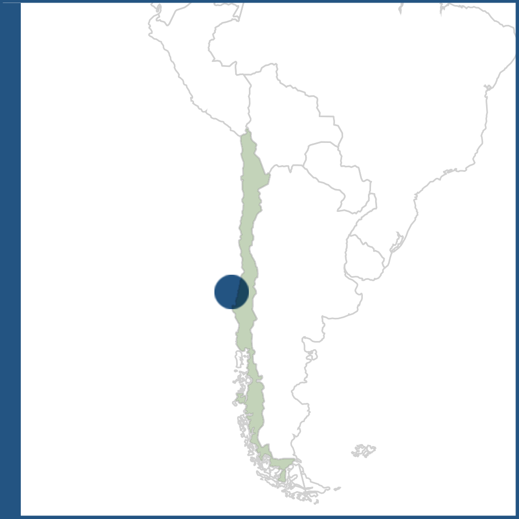Mapa de Sudamérica mostrando la ubicación de la desembocadura del Río Mataquito en la parte central de la costa Chilena.