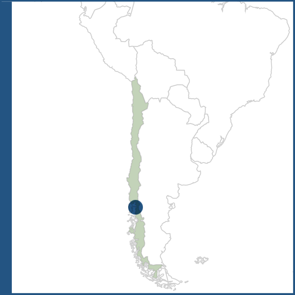 Mapa de Sudamérica mostrando la localización del Humedal Marino-Costero de Chamiza en el sur de Chile.